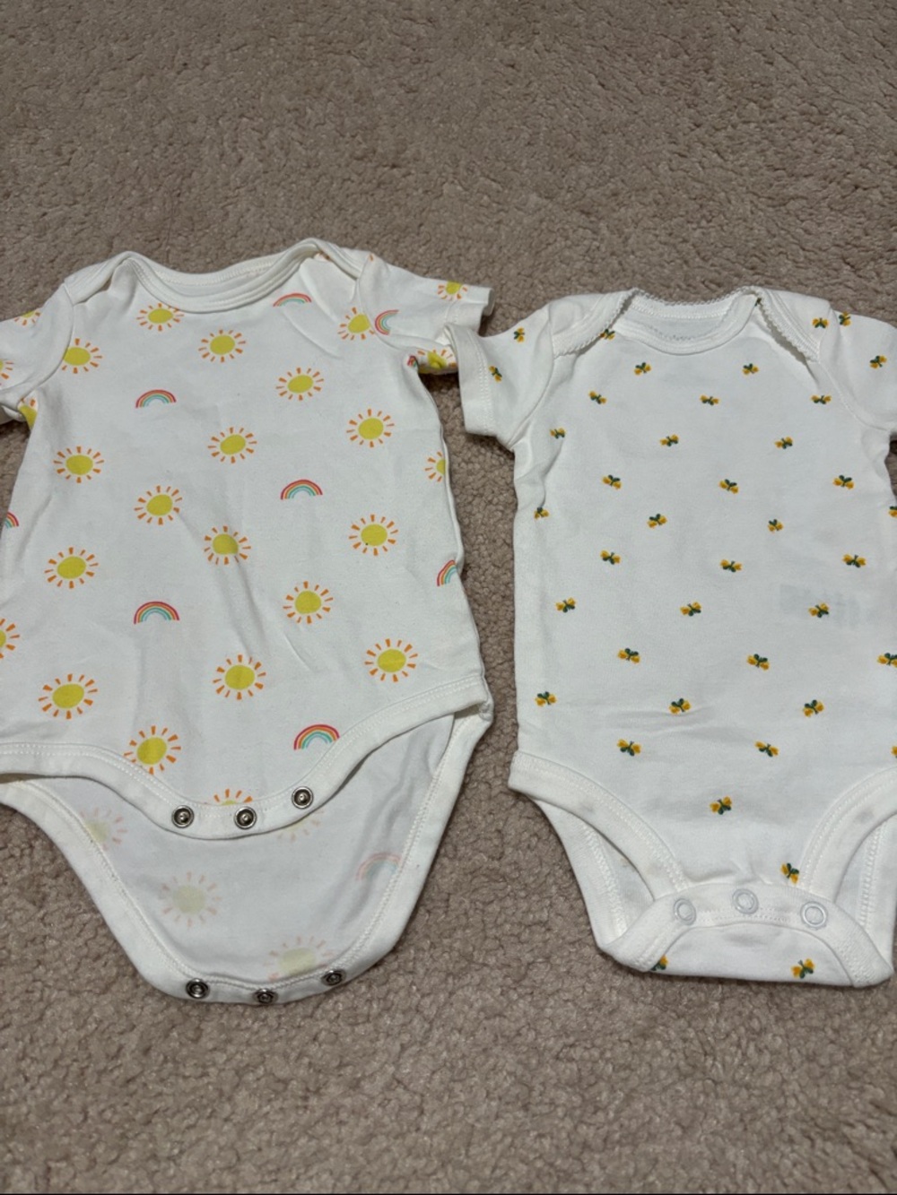 Primary White Baby One-Piece Bodysuits with Yellow Sun & Tiny Floral Prints